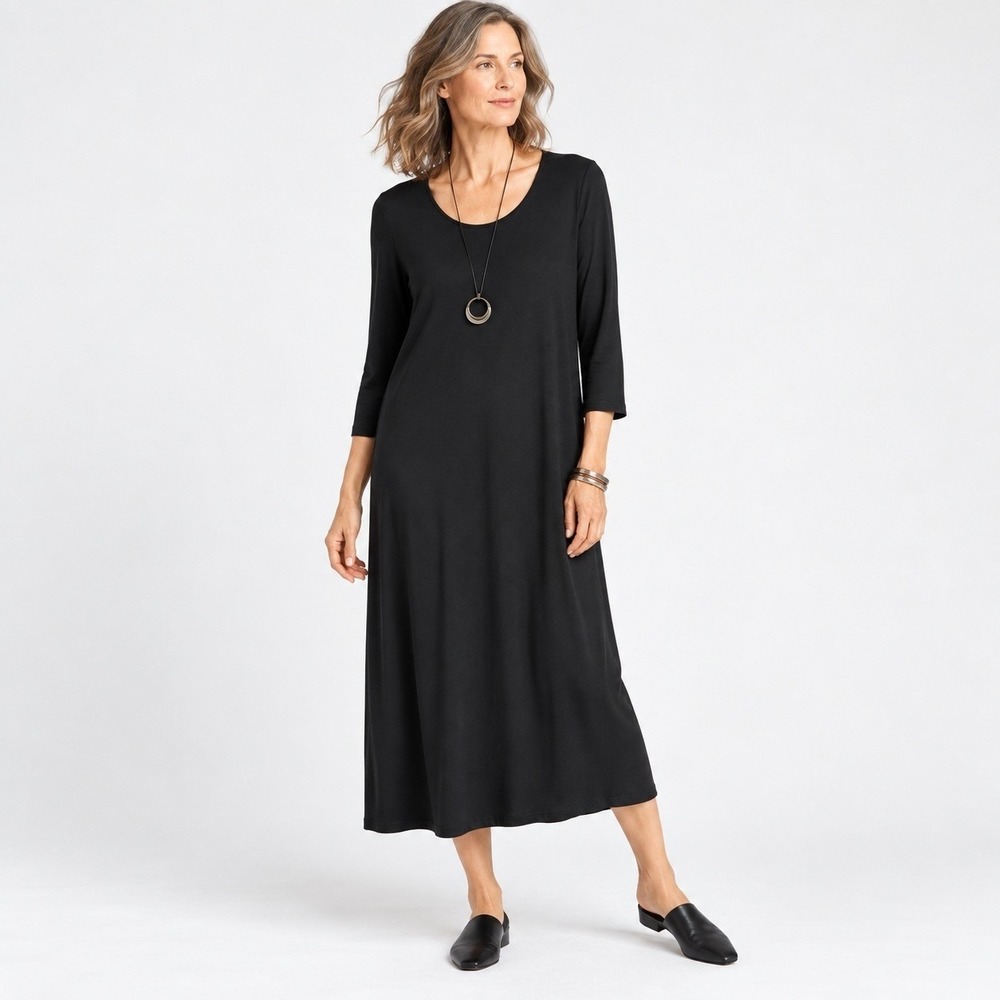 Eileen Fisher Maxi Dress A-Line Jersey Black Womens M Minimalist Classic Stretch